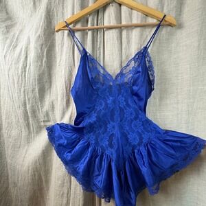 VTG Val Mode Teddy Lingerie Sleepwear Small Royal Blue Lace Trim Satin Nightgown